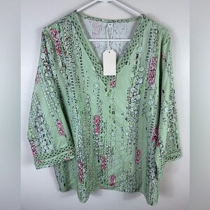 Boutique‎ Blouse Tunic Womans Watercolor Print Crochet XL NWT Lightweight Office